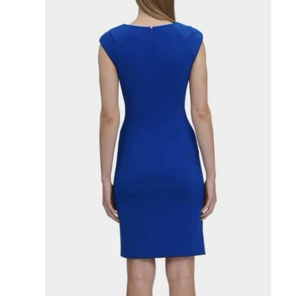 Calvin Klein Blue‎ Side Ruched Horseshoe Neck Sleeveless Sheath Dress Size 8 - Picture 2 of 10
